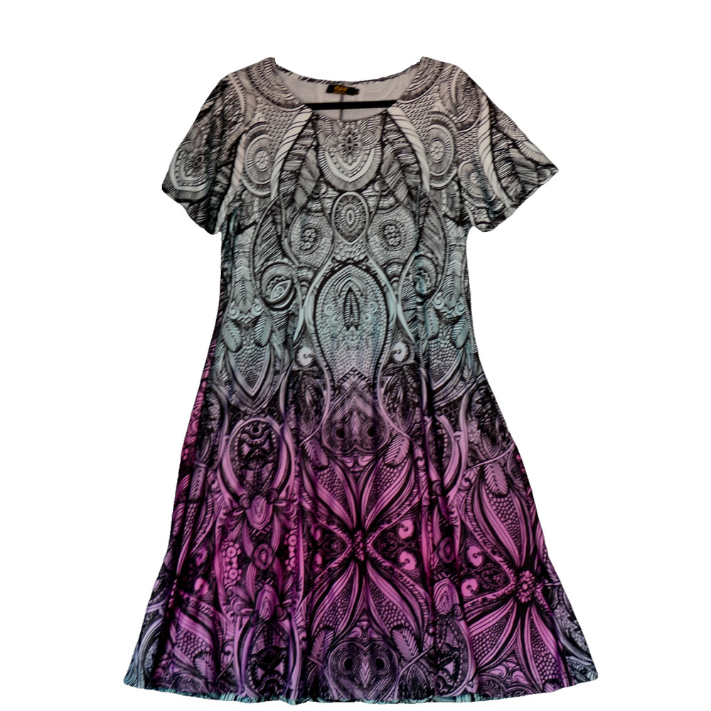 R and B Sheath Dress Womens L Purple Hombre Artsy Abstract Floral Boho Pockets
